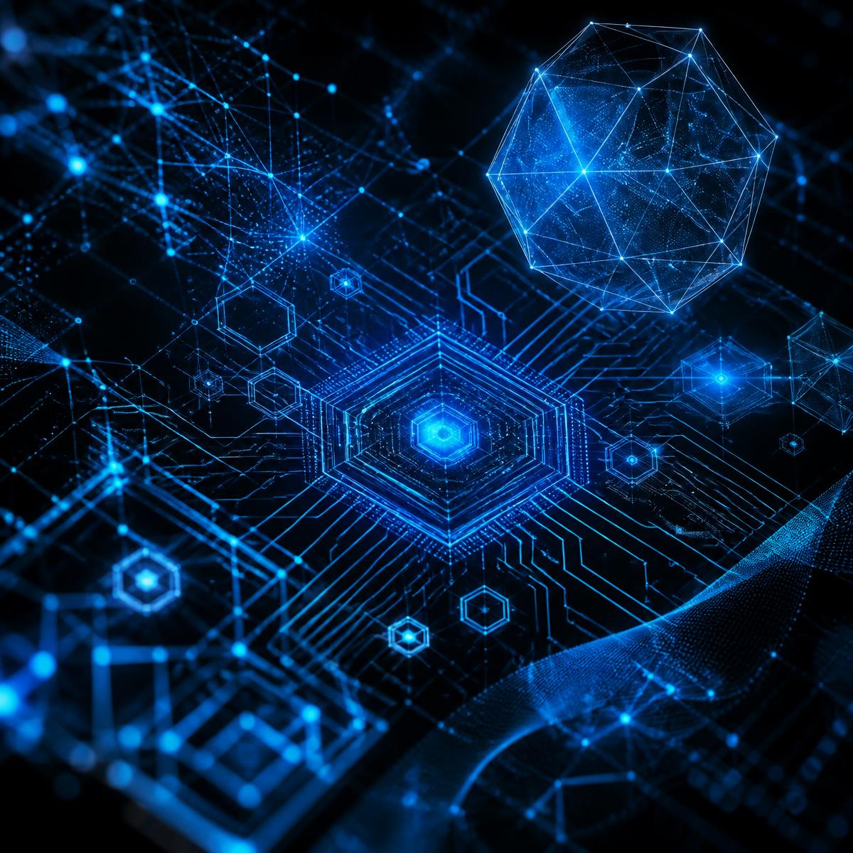 Abstract futuristic composition of glowing circuits, neural network nodes and digital geometry